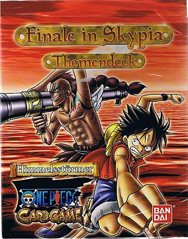 CollectnTradeHere One Piece Themendeck "Finale in Skypia" mit Luffy und einem anderen Charakter, der eine Kanone abfeuert. Anime Sammelkartenspiel.