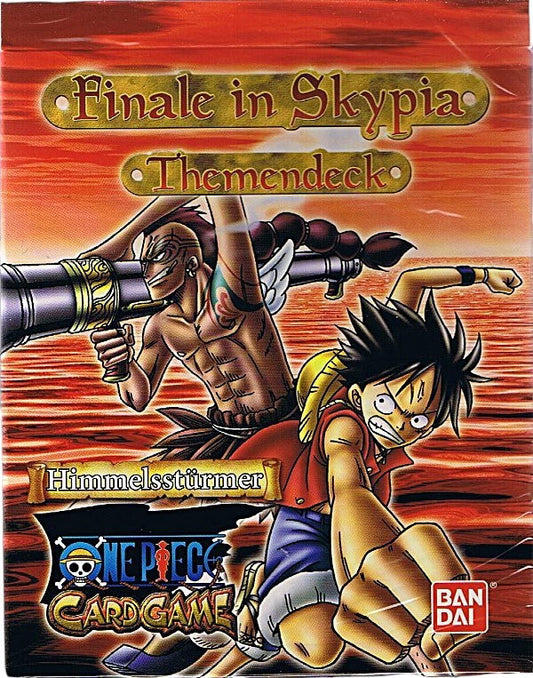 CollectnTradeHere One Piece Themendeck "Finale in Skypia" mit Luffy und einem anderen Charakter, der eine Kanone abfeuert. Anime Sammelkartenspiel.