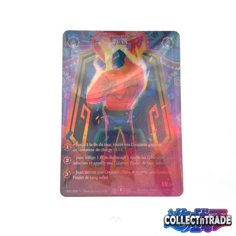 Farbenfrohe Trading-Karte Juan mit Flammeneffekten und französischem Text - Rise TCG Beta Set FR