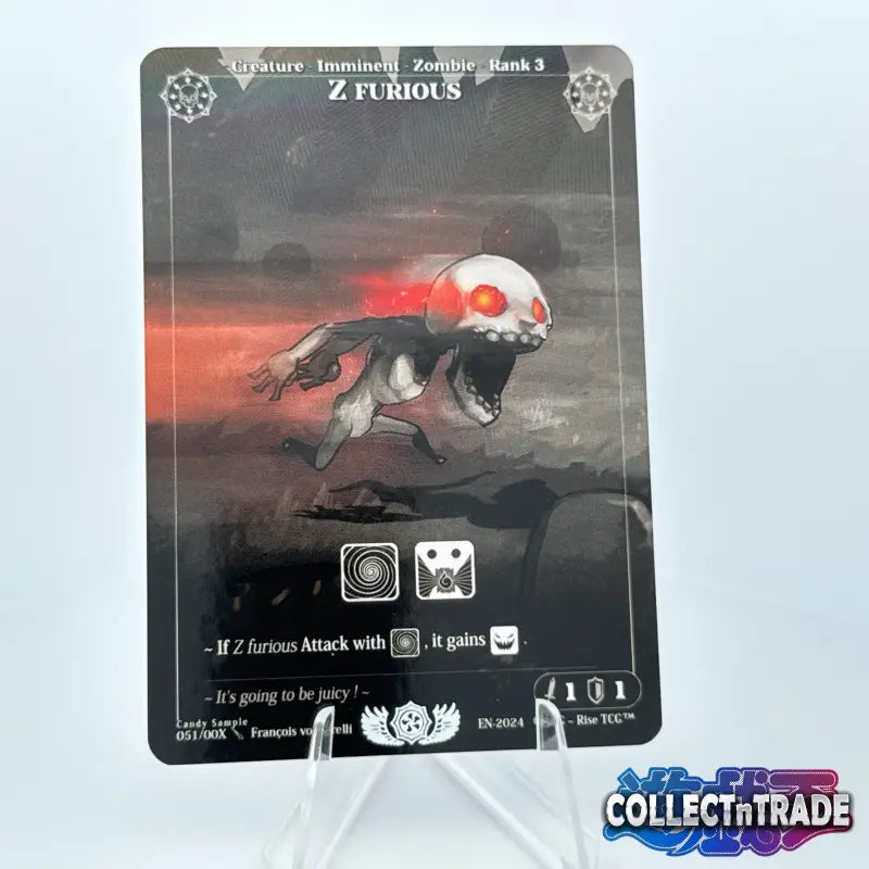 Rise TCG-Karte: Zombie-Kreatur mit Totenkopf und leuchtend roten Augen - Candy Sample Edition